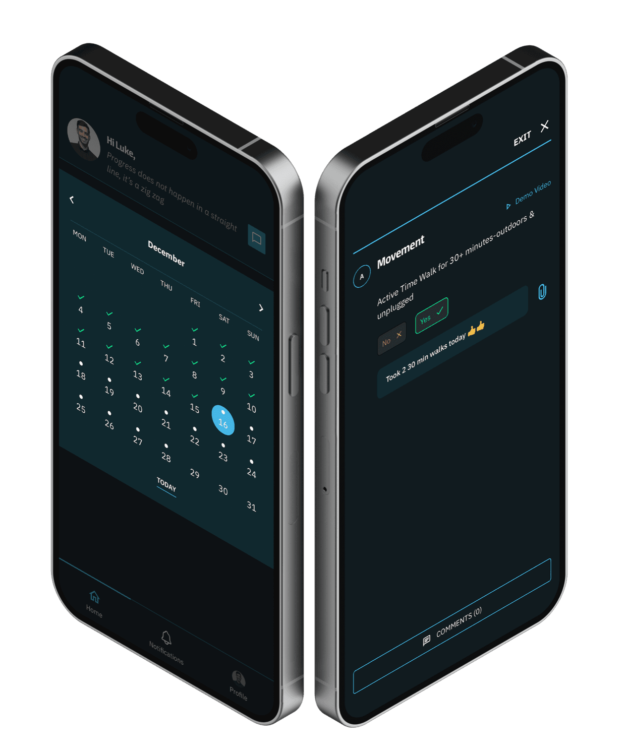CoachRx calendar and movement habit screens