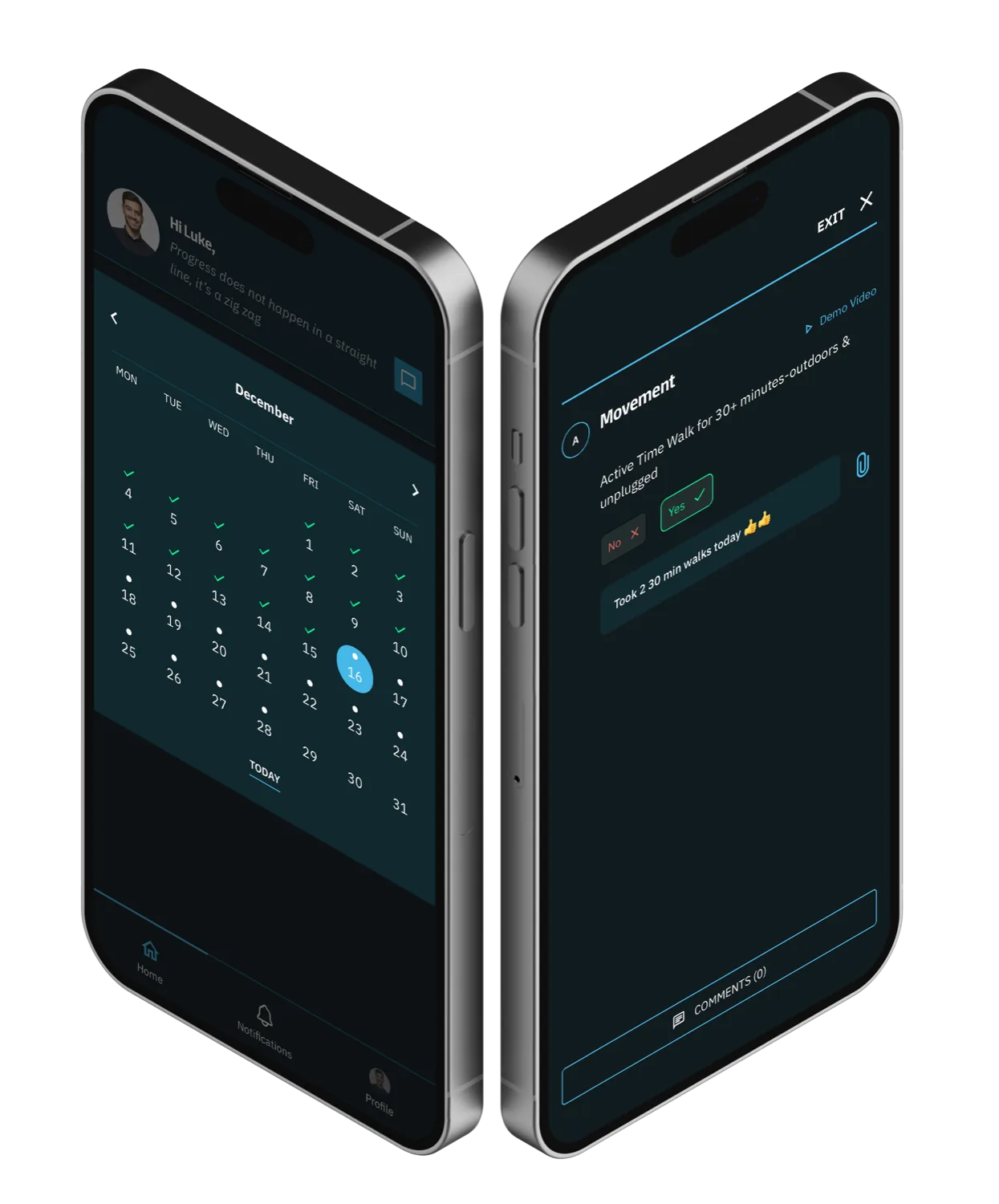 CoachRx calendar and movement habit screens