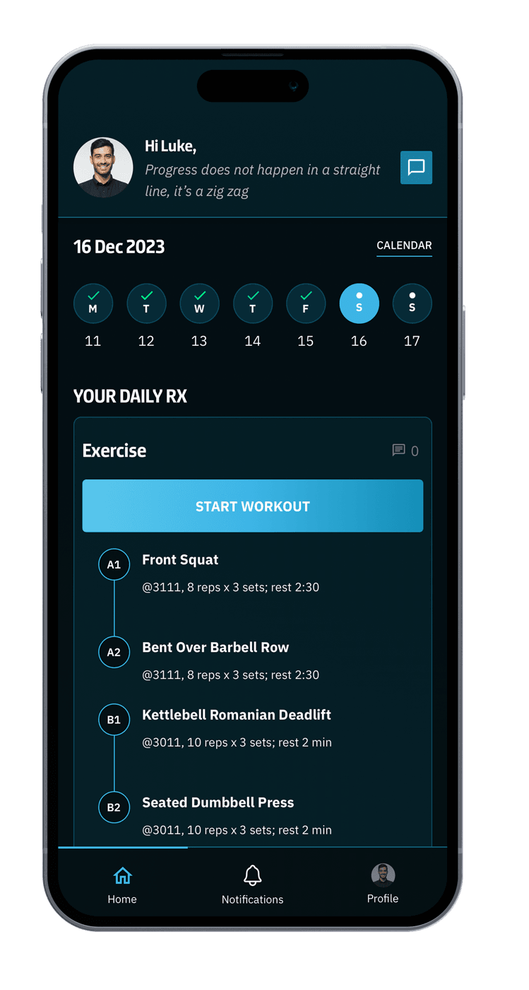 CoachRx daily workout dashboard and exercise list