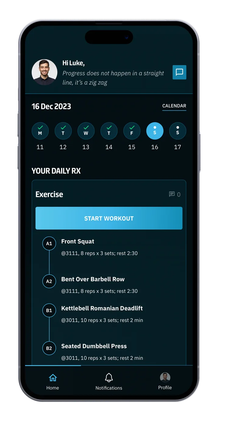 CoachRx daily workout dashboard and exercise list