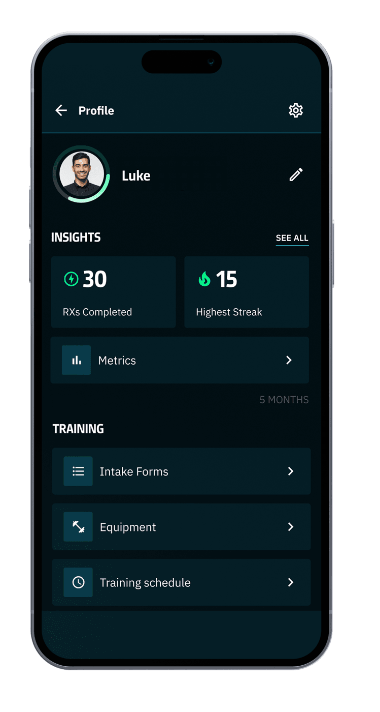 CoachRx client profile, insights, and training schedule screen