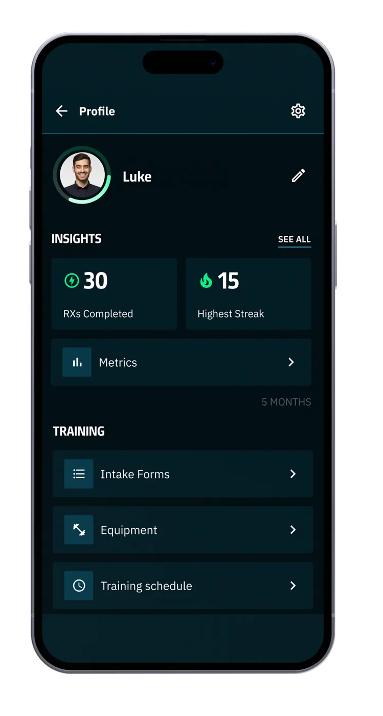 CoachRx client profile, insights, and training schedule screen
