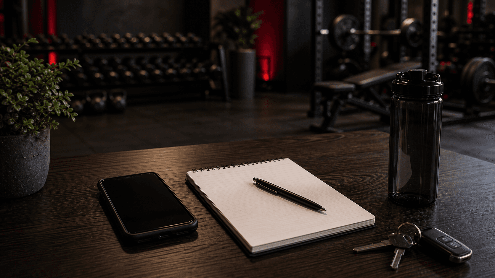 Phone, blank intake notes, and water bottle on a desk with a private gym in the background
