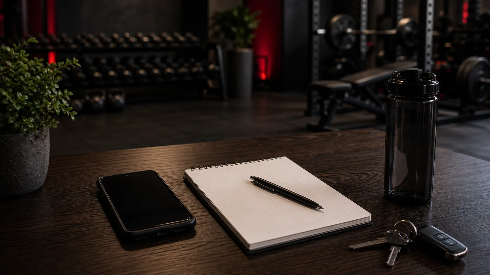 Phone, blank intake notes, and water bottle on a desk with a private gym in the background