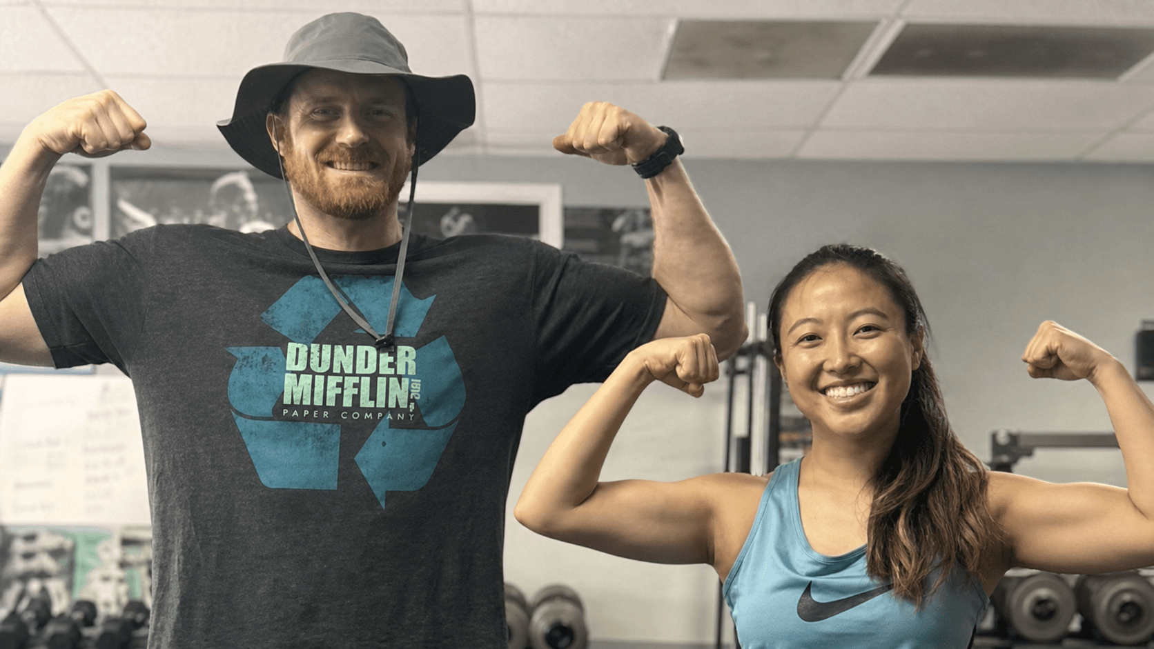 Trey Tucker and Hyejee flexing inside PowerHouseATX