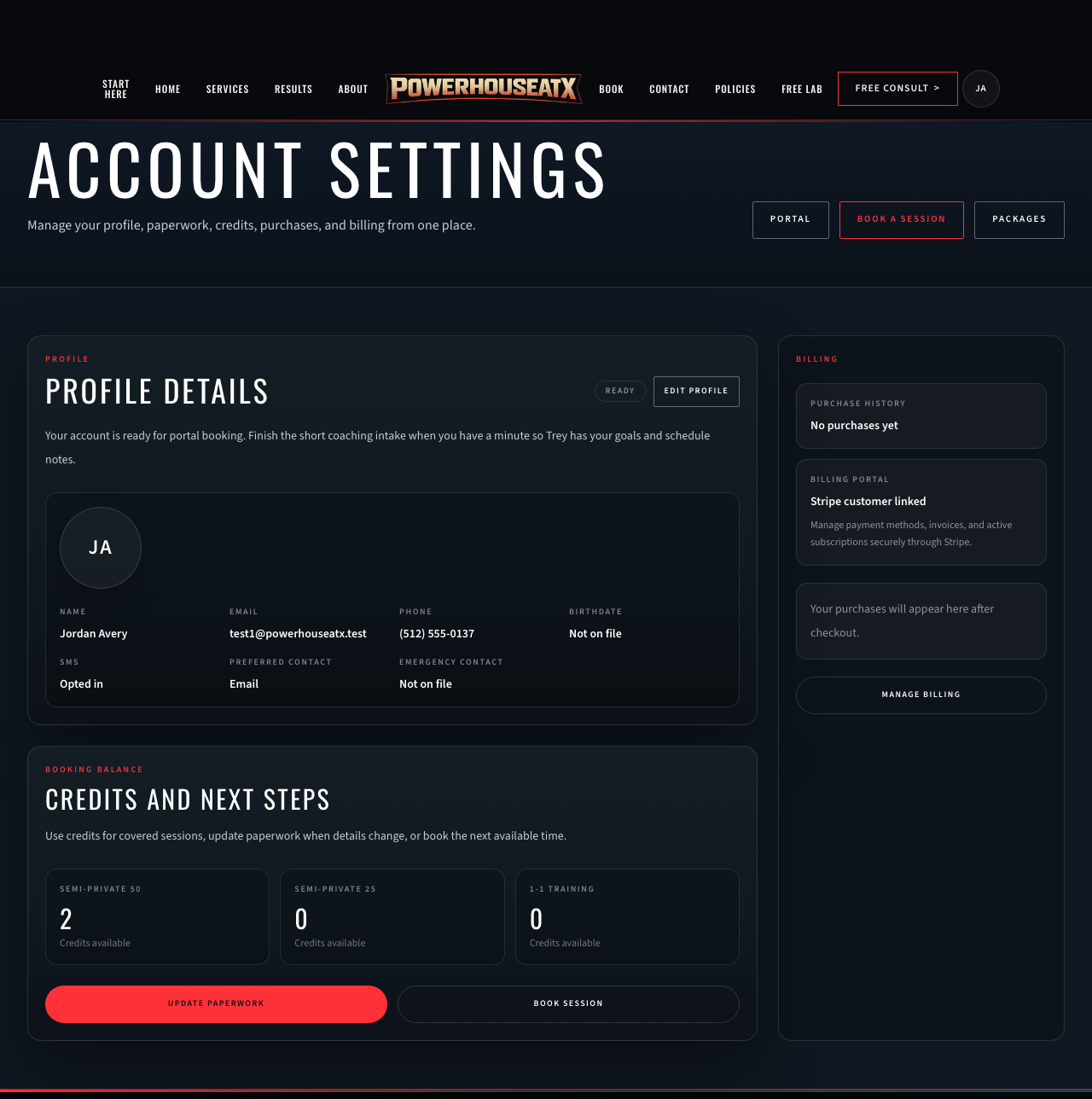 Account settings showing profile, credits, and billing