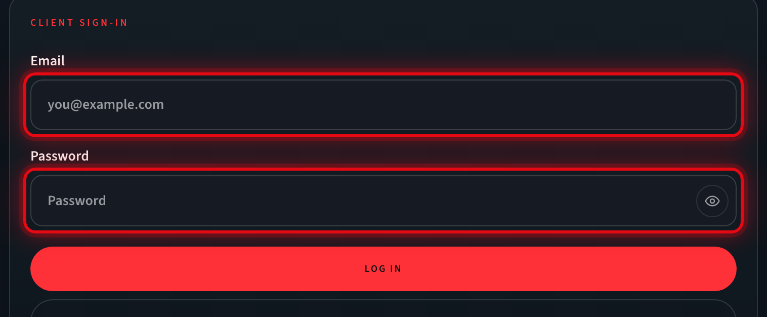Client sign-in form with the Email and Password fields highlighted