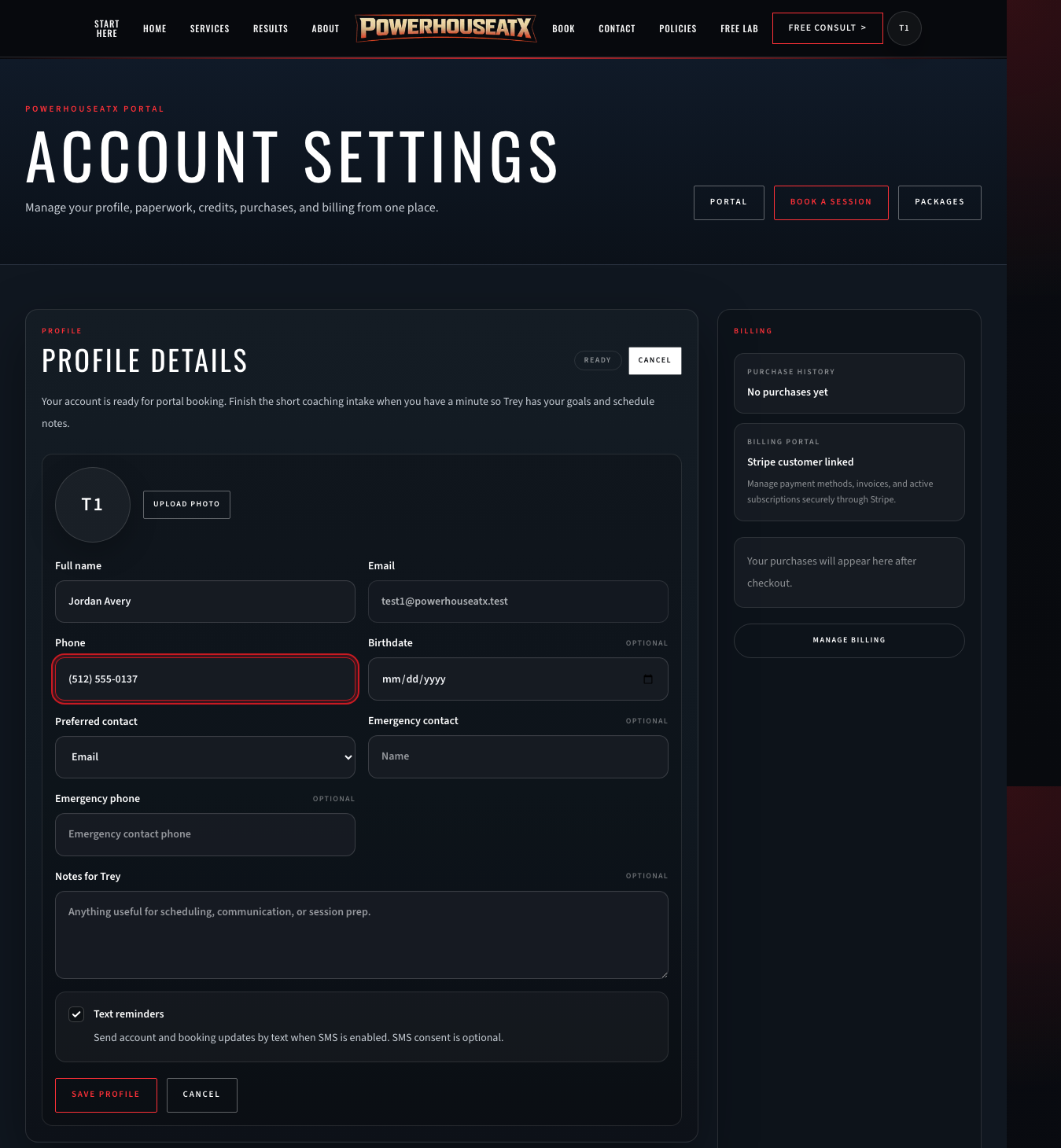 Profile details edit form with phone and text reminders
